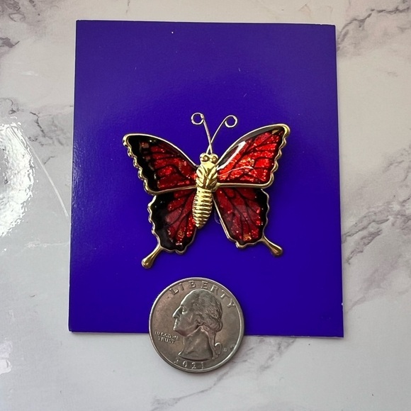 Vintage Goldtone & Red Enamel Butterfly Brooch 1970s Retro - Picture 5 of 6